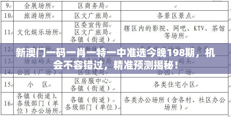 新澳门一码一肖一特一中准选今晚198期，机会不容错过，精准预测揭秘！